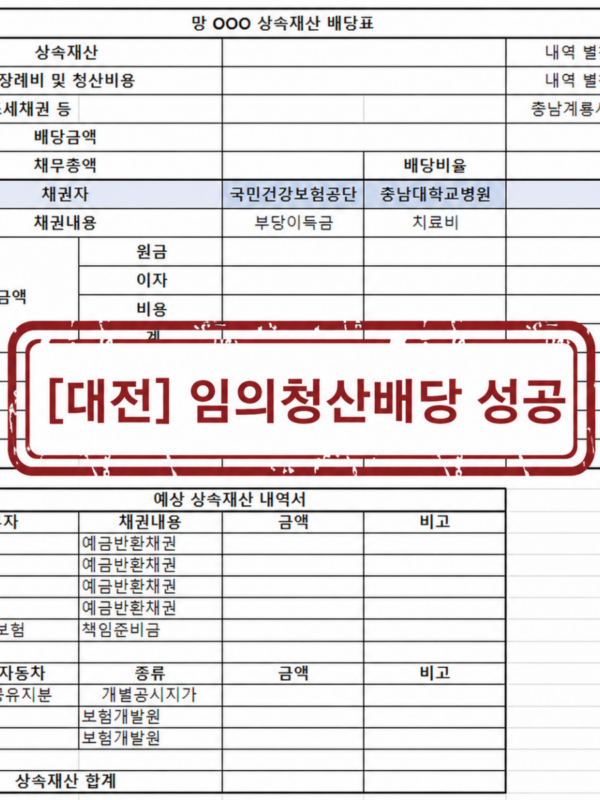 [대전 한정승인 임의청산배당 성공사례] 지방세 병원 치료비 국민건강보험 은행 자동차 등